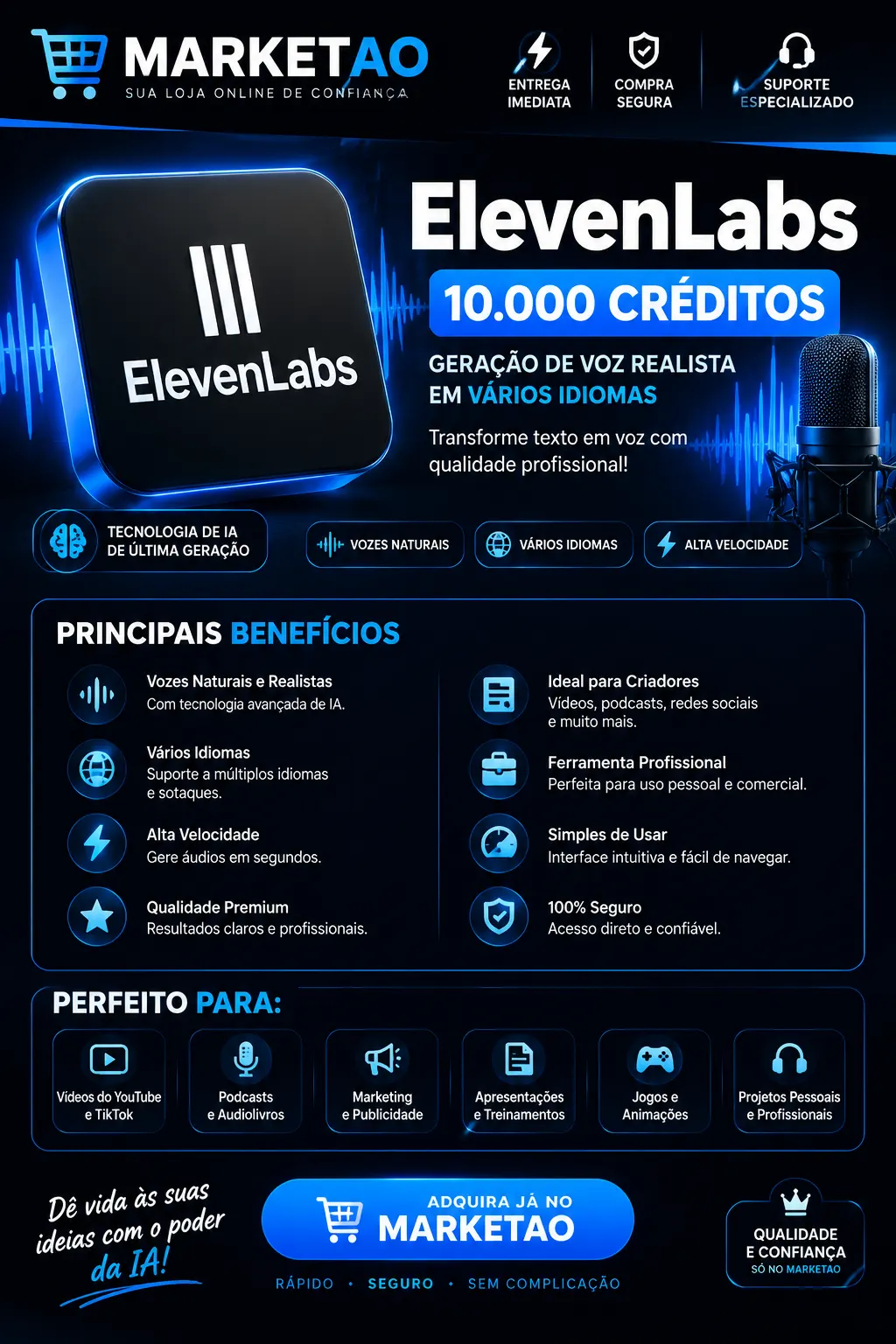 ElevenLabs 10.000 Créditos – IA de Voz para Texto em Áudio Adquirir Agora